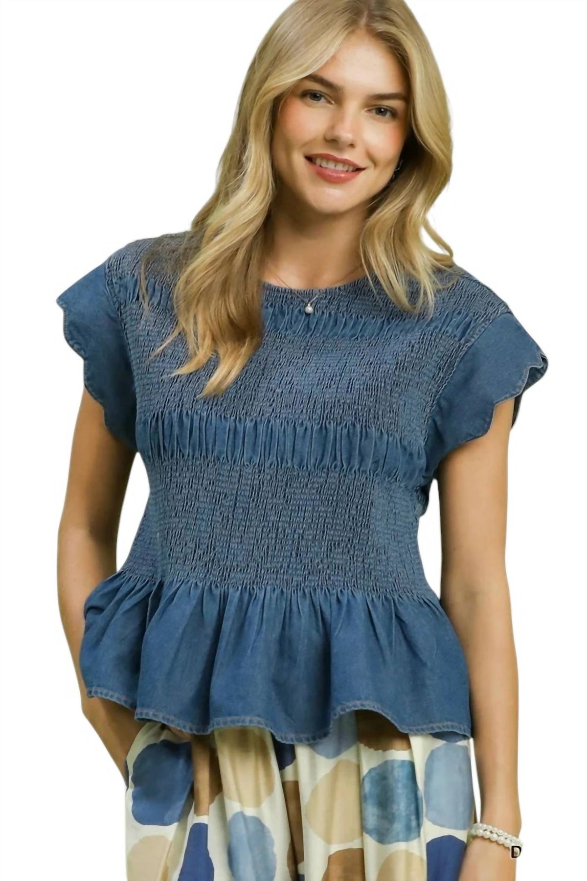 Umgee - Chambray Scalloped Sleeve Smocked Top