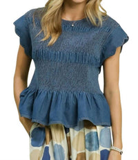 Umgee - Chambray Scalloped Sleeve Smocked Top