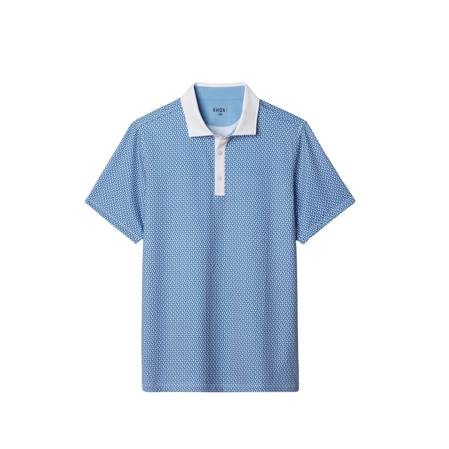 RHONE Golf Sport Polo in sapphire blue arctic blue white geo - men's shirt - alternate view