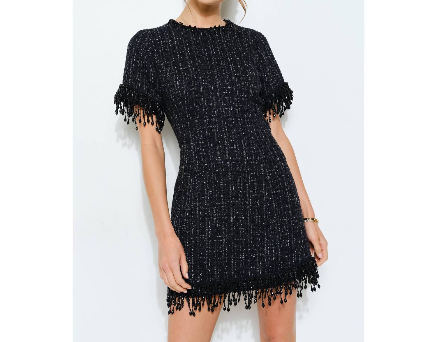 Ina Fashion - Beaded Fringe Tweed Mini Dress