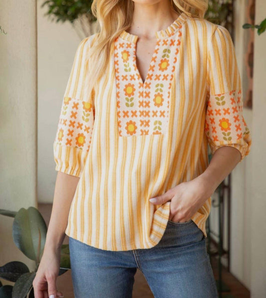 Voy - Stripe and Floral Pattern Mixed Knit Top