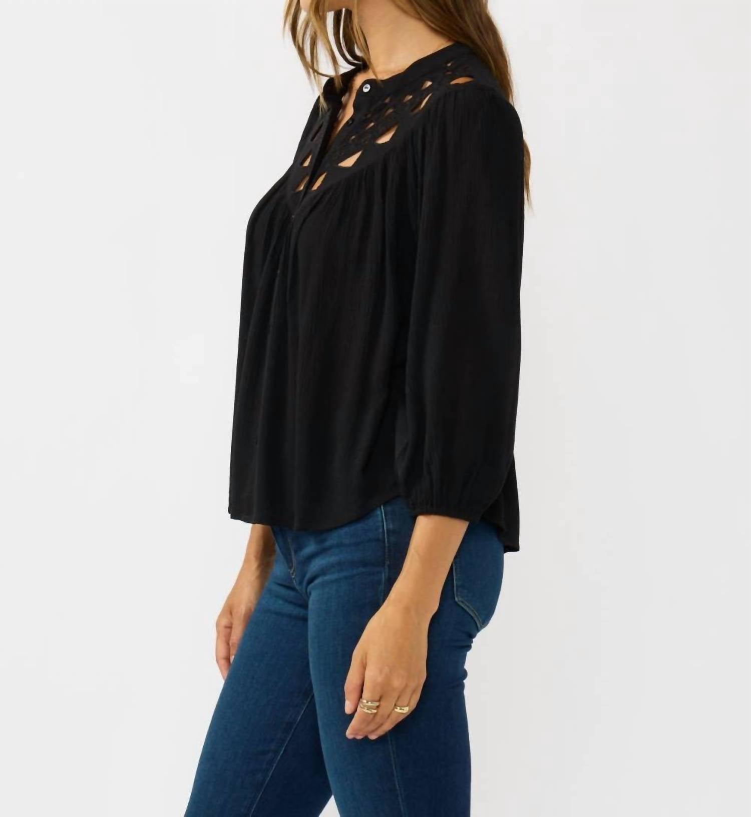 Lovestitch - Embroidered Cutout Yoke Button Down Blouse