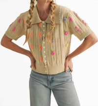 &merci Hand Embroidered Short Sleeve Button Down Sweater in beige - women's blouse