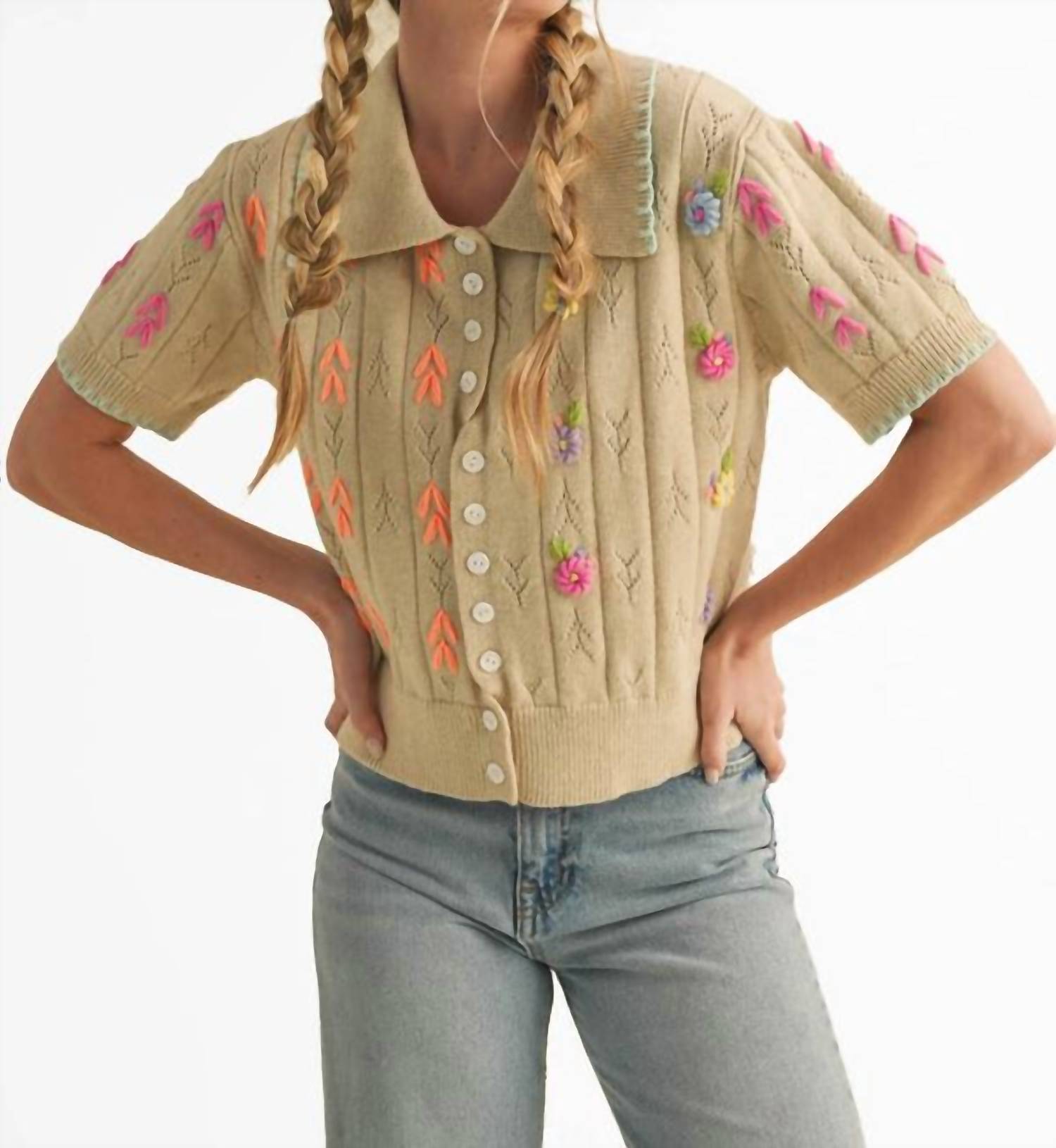 &merci Hand Embroidered Short Sleeve Button Down Sweater in beige - women's blouse
