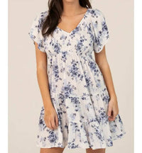 Angie - V Neck Smocked Bust Short Sleeve Floral Print Dress