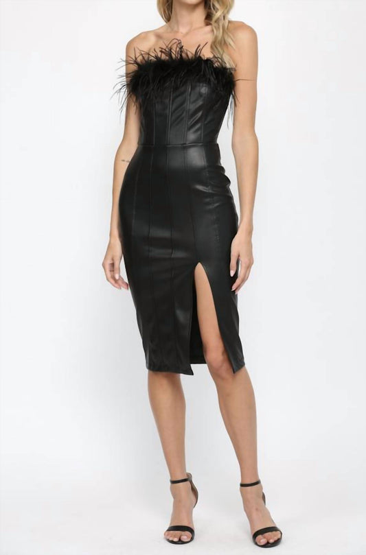 Lola Faux Leather Strapless Dress with Feather Trim