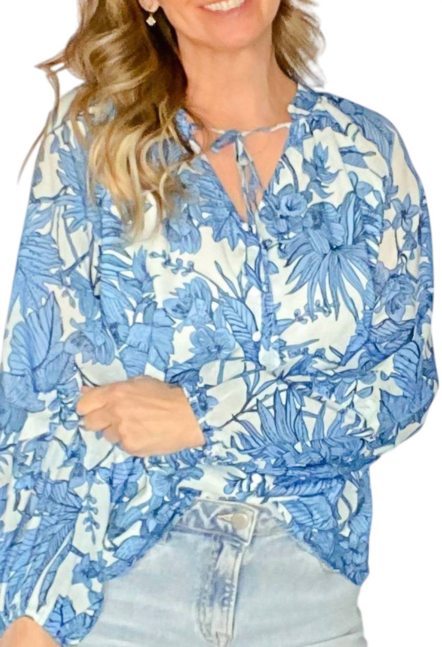 Fate Tropical Print Voile Tie Top in blue - women's blouse - detail view