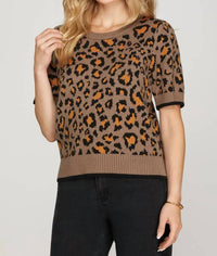 SHE + SKY Leopard Pattern Short Sleeve Sweater in mocha - women's sweater