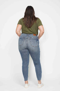 Judy Blue - High Waist Tummy Control Vintage Wash Destroyed Hem Skinny Jeans