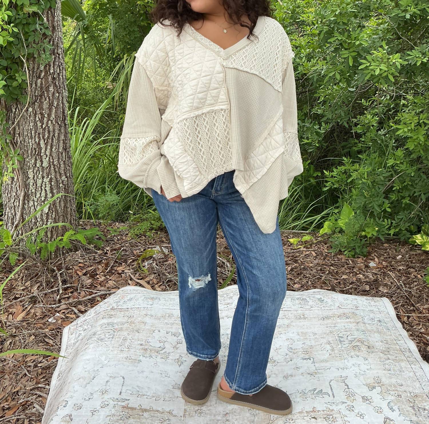 Pol - Patchwork Long Sleeve V Neck Top