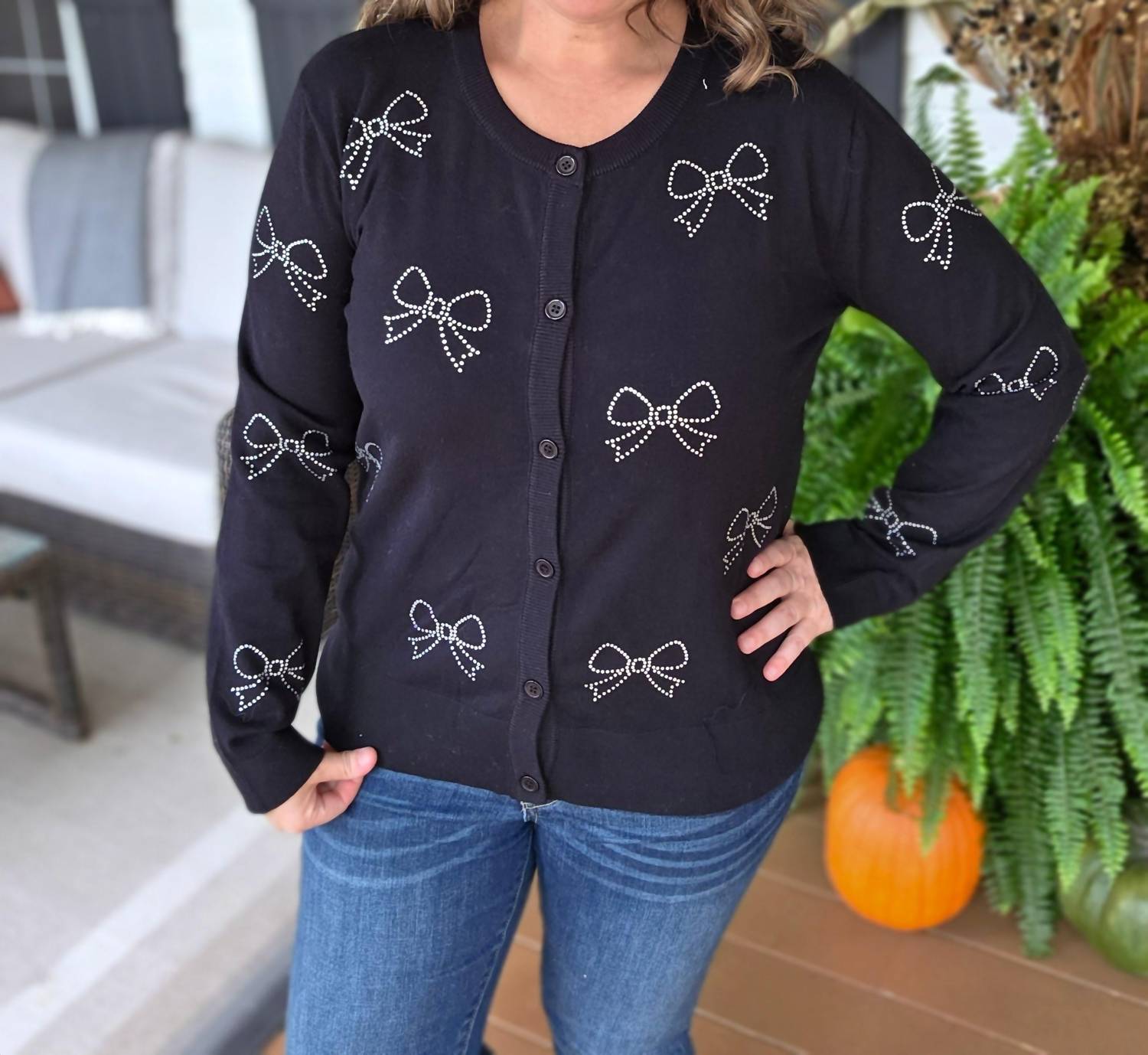 Sew In Love - Bow Rhinestone Button Sweater