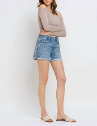 VERVET BY FLYING MONKEY High Rise Cuffed Denim Shorts in medium wash - women's shorts - detail view