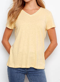 CHARLIE B Linen Blend V-neck T-shirt in sunshine - women's t-shirt - detail view