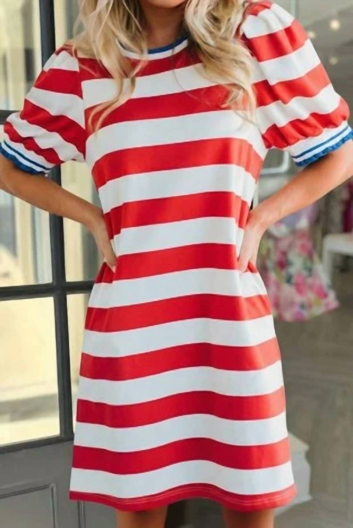 Shewin - Stripe Contrast Trim Round Neck Short Puff Sleeve Dress