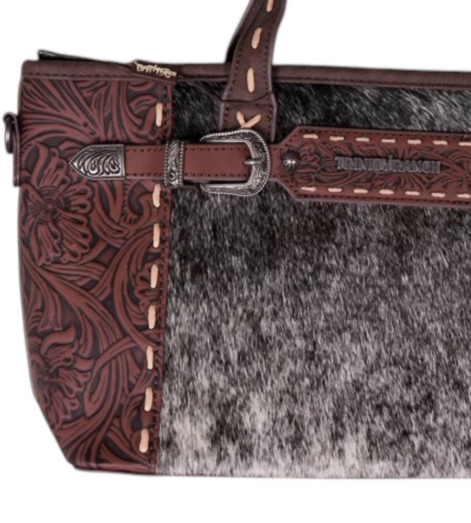 Trinity Ranch - Women's Genuine Hair On Cowhide Tooled Tote Crossbody Bag