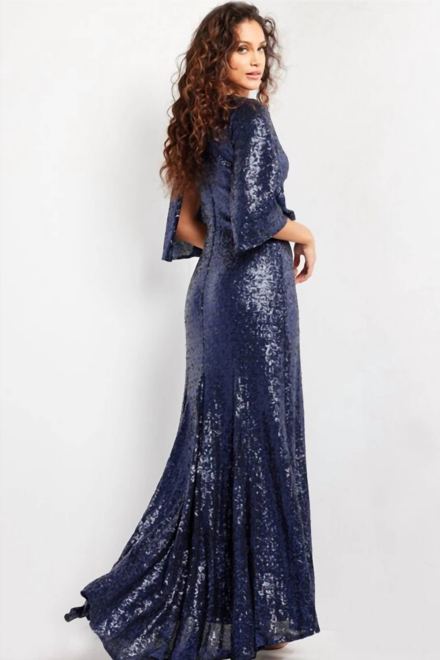 Jovani - Hanging Sleeves Sequin Dress