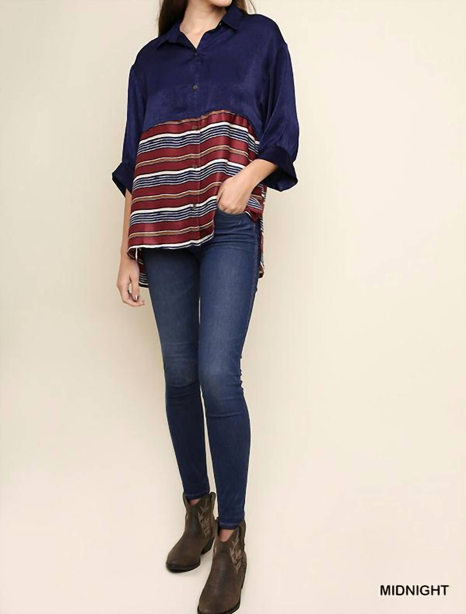 Umgee - Satin Stripe Colorblock Button-down Blouse