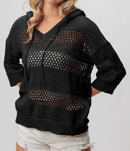 Bibi - Open Knit V-neck Hooded Lightweight Cover Up