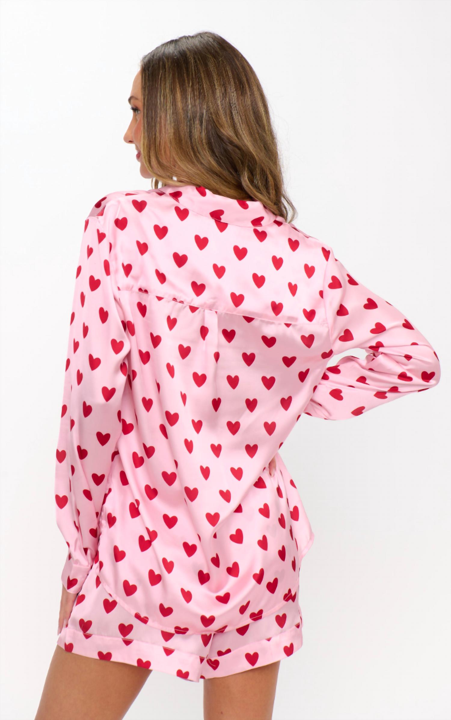 Show Me Your Mumu Early Riser Pajama Set in pink queen of hearts silky - women's sleepwear - detail view