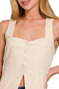 Zenana - Linen Tie-back 4-button Vest With Lining