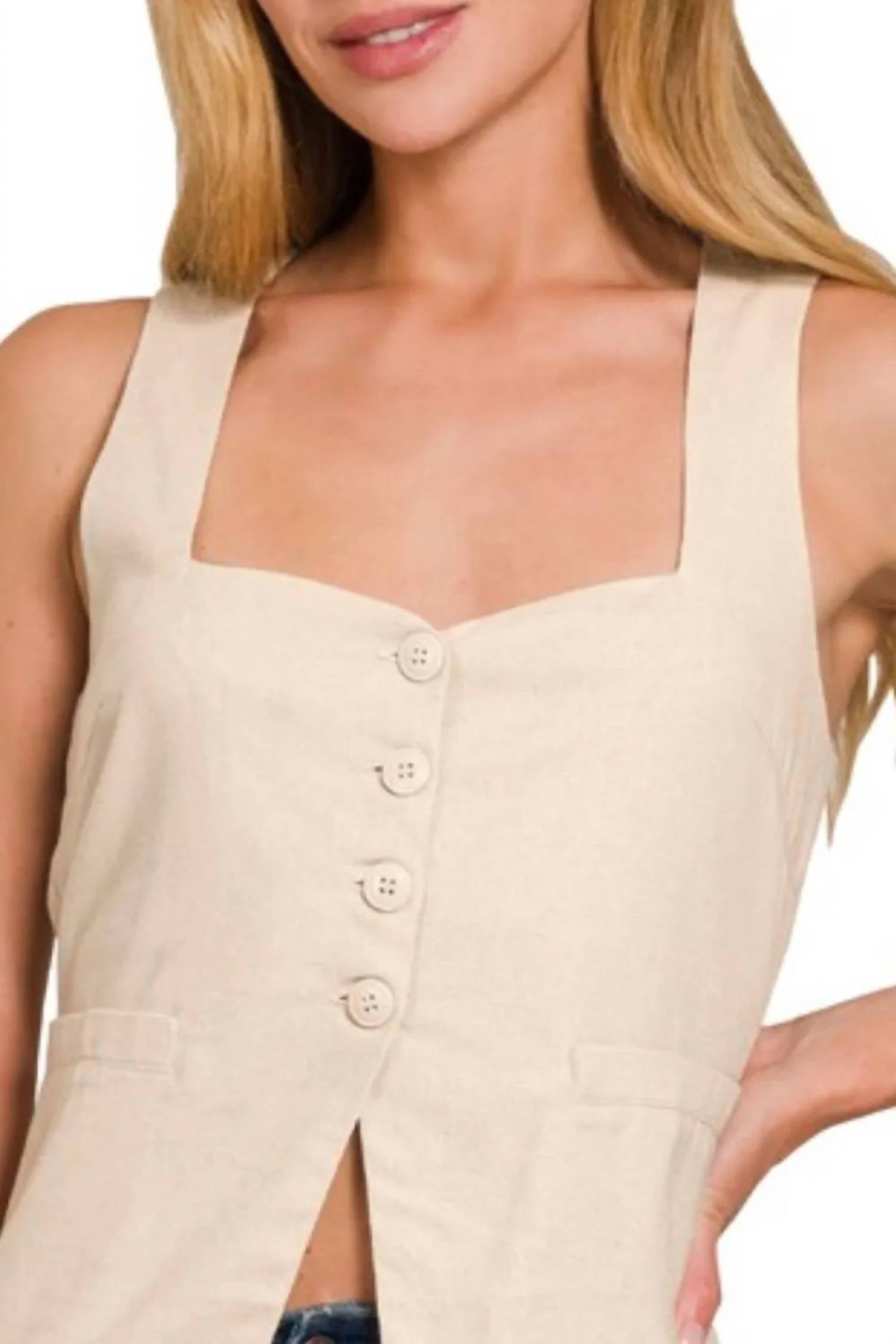 Zenana - Linen Tie-back 4-button Vest With Lining