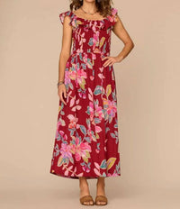 Democracy - Ruffle Cap Sleeve Smocked Waist Floral Woven Dress