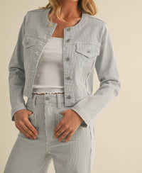 Just Usa - Colleen Stripe Collarless Denim Jacket
