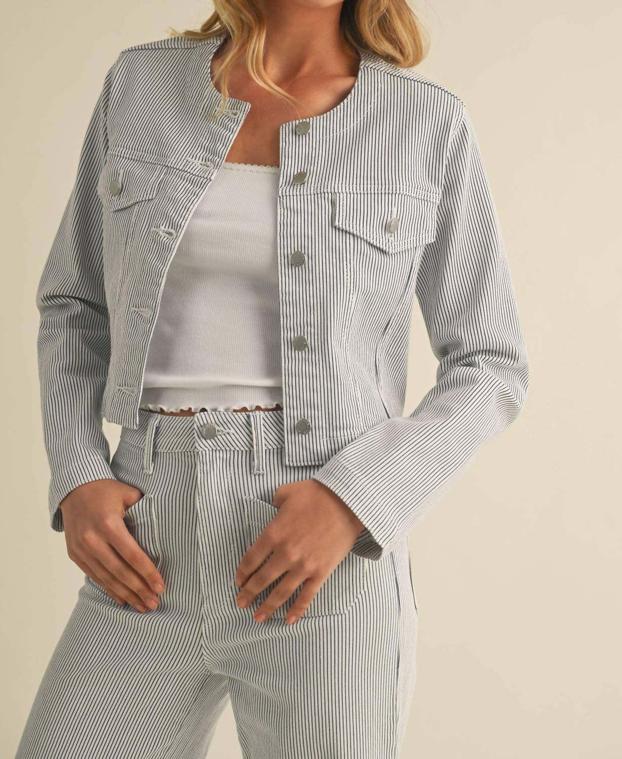 Just Usa - Colleen Stripe Collarless Denim Jacket