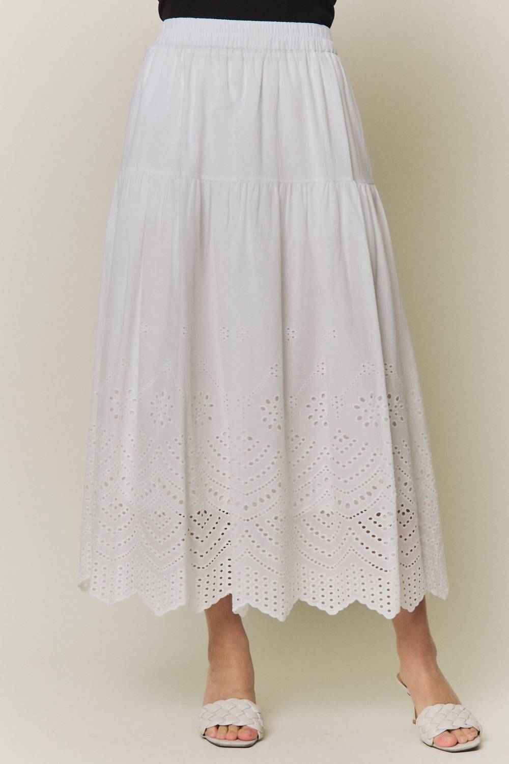 Adora - Tiered Eyelet Scalloped Midi Skirt