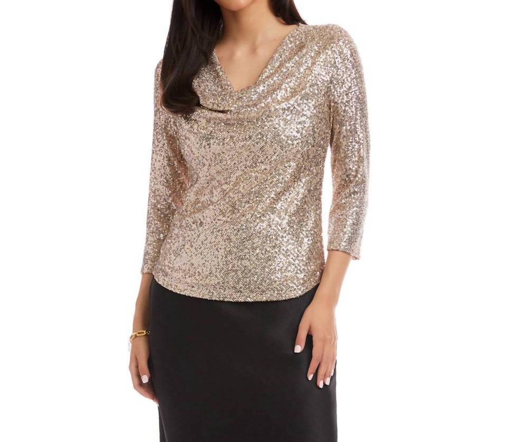 Karen Kane 3/4 Sleeve Drape Front Sequin Top - Plus in champagne - women's blouse - detail view