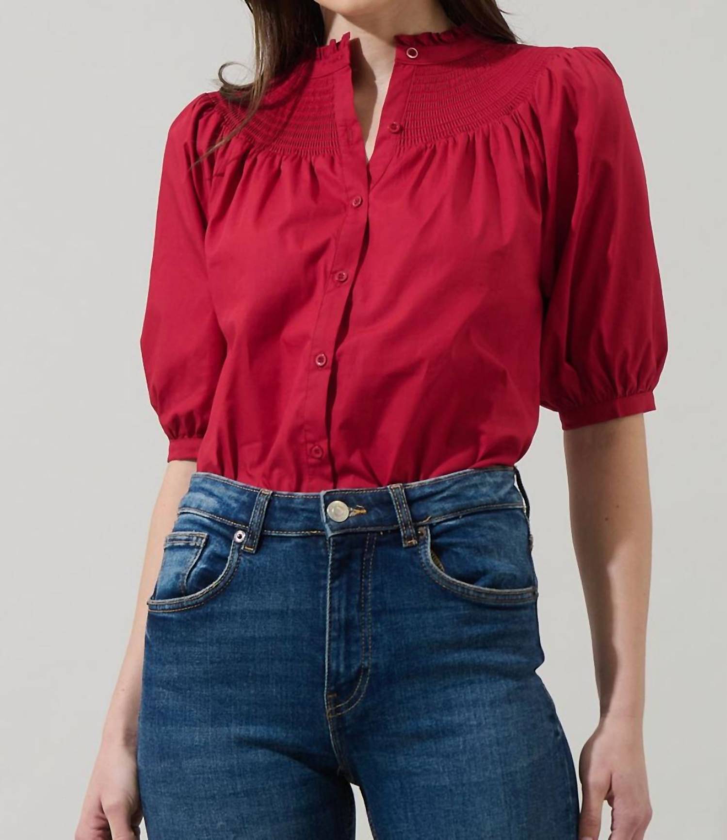 SUGARLIPS Narris Blossom Smocked Mock Neck Top in burgundy - women's blouse - view 4