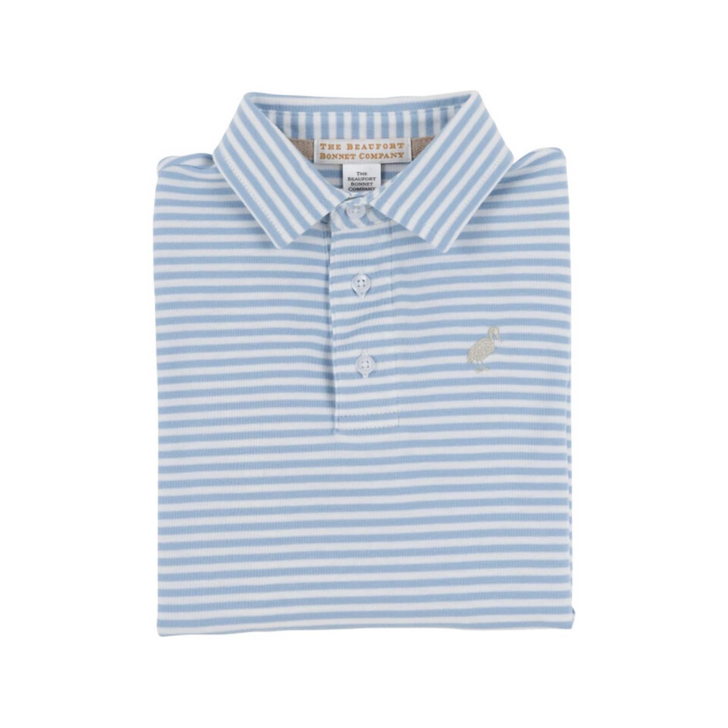 The Beaufort Bonnet Company Kid's Prim And Proper Polo in barrington blue stripe khaki - kids' shirt - detail view