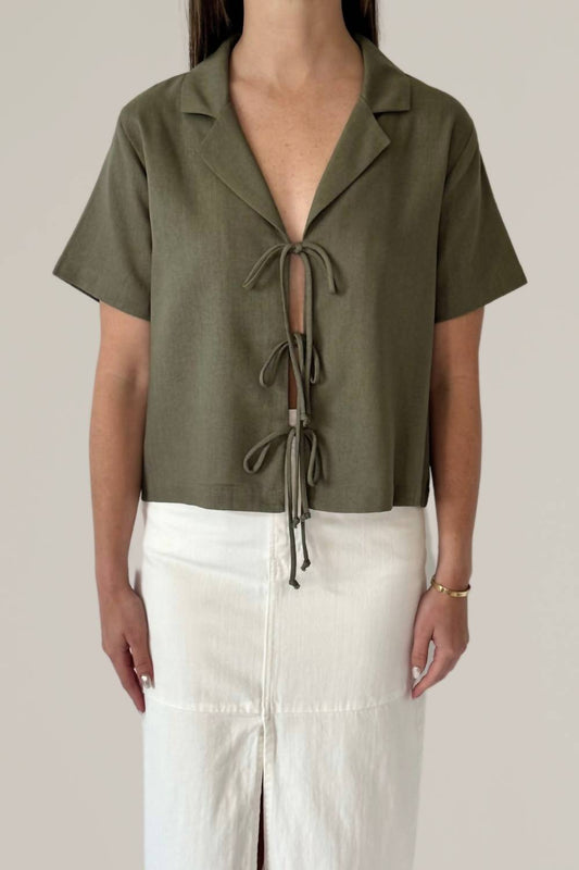 Nlt - Linen Short Sleeve Tie Front Collared Blouse