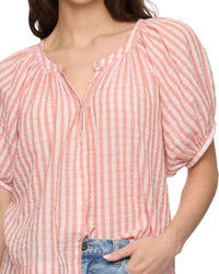 Flags & Anthem Carolina Pucker Short Sleeve Button Front Peasent Blouse in pink plaid - women's blouse - detail view