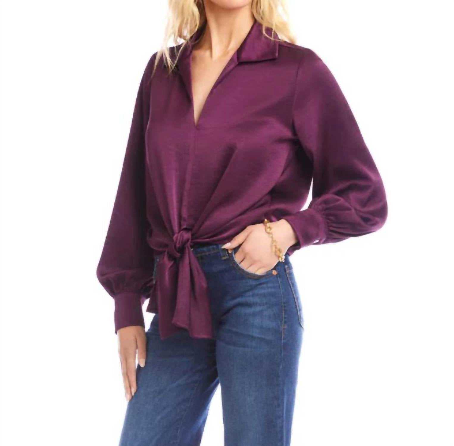 Karen Kane Satin Tie Front Top in eggplant - women's blouse