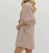 entro Striped Bow Tie Mini Shirt Dress in brick - women's dress - alternate view