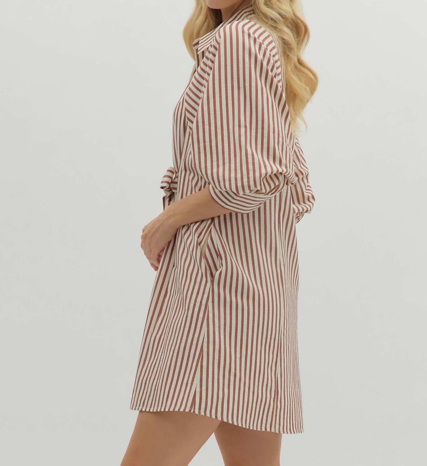 entro Striped Bow Tie Mini Shirt Dress in brick - women's dress - alternate view