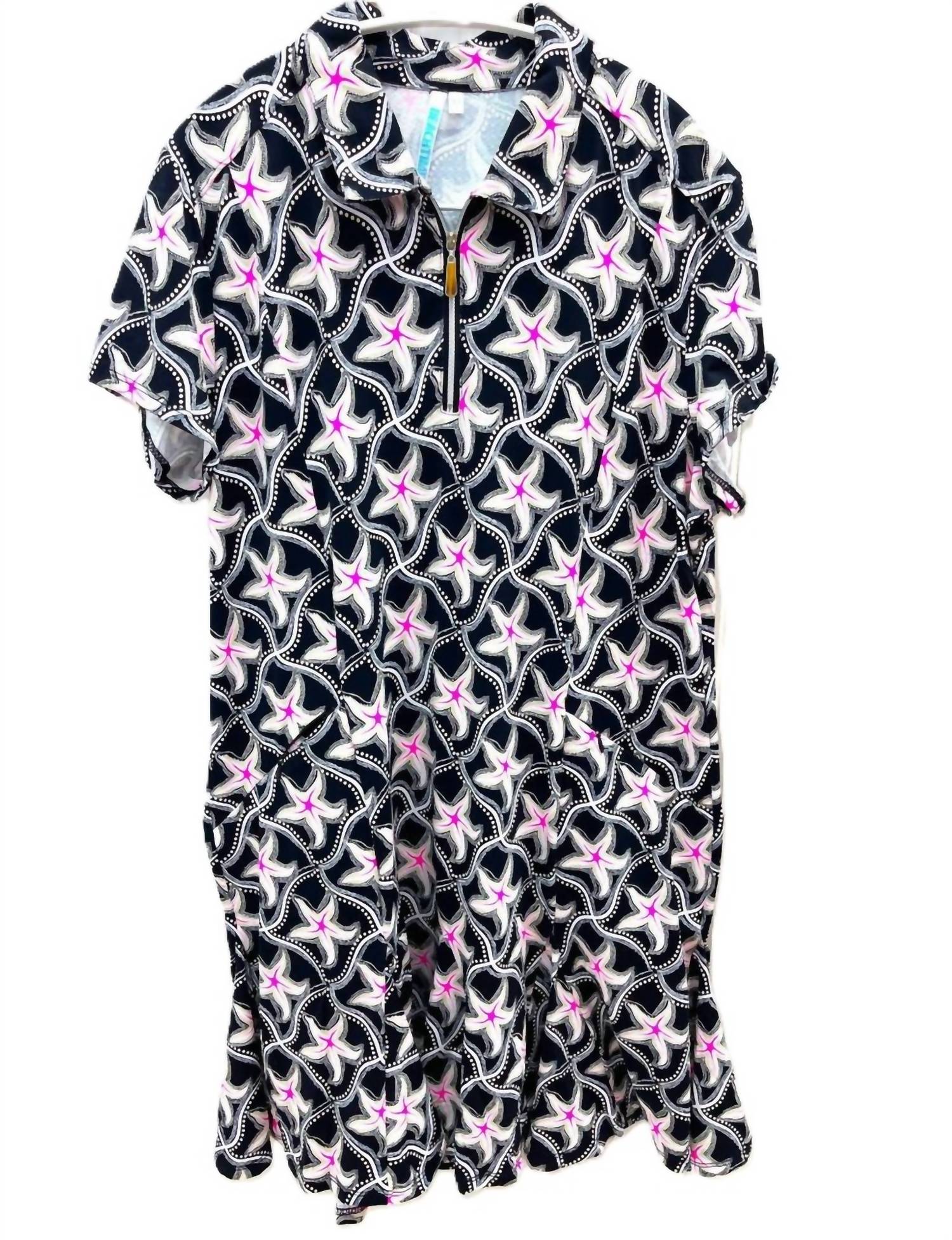 Beachtime - Starfish Zip Front Ruffle Hem Dress