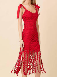 Main Strip - Shoulder Strap Tie With Heart Lace Fringe Dress