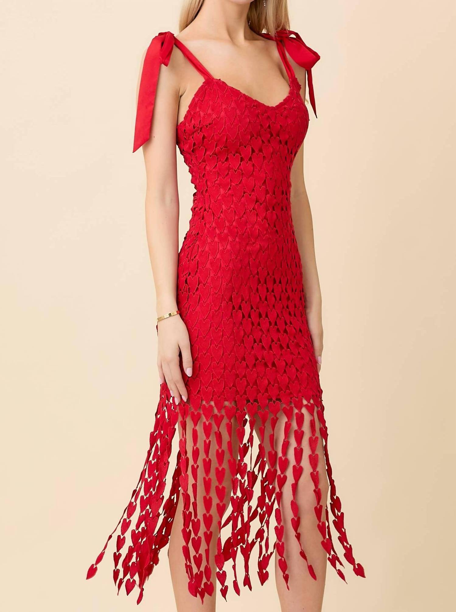 Main Strip - Shoulder Strap Tie With Heart Lace Fringe Dress