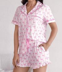 La Society - Bowknot Print Short Sleeve And Shorts Pajama Set