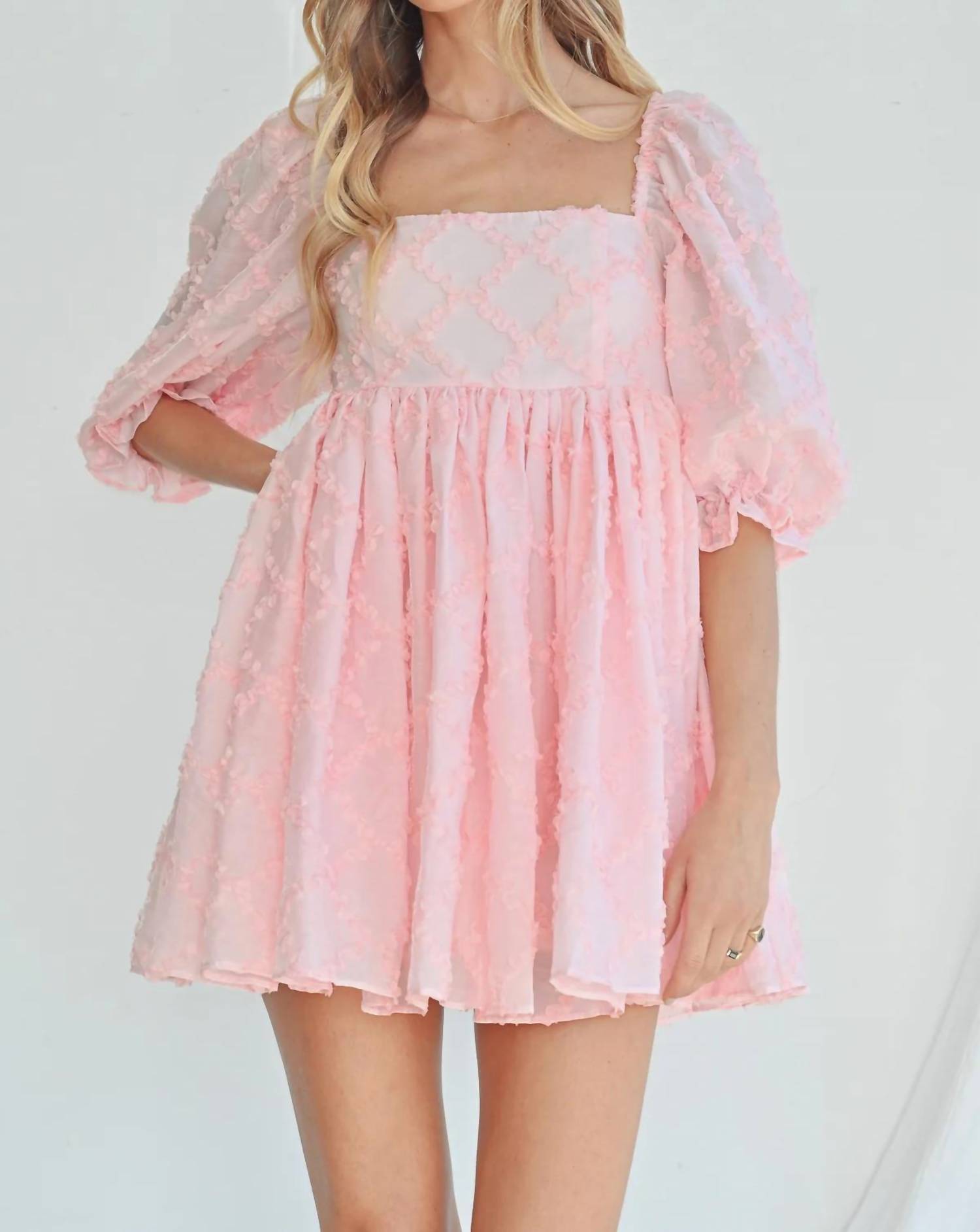Mable - RIBBON TEXTURED PUFF SLEEVE BABYDOLL MINI DRESS