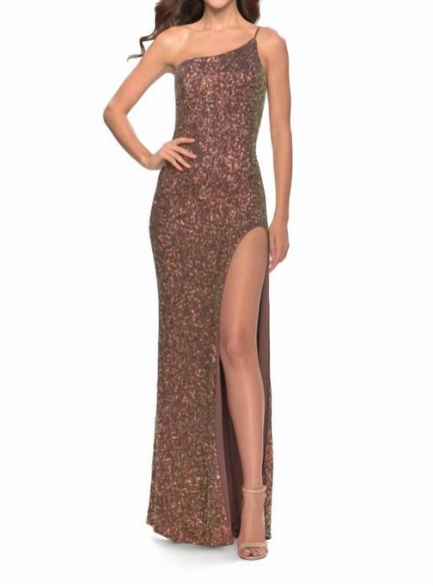 La Femme - Sequin One Shoulder Dress with Slit