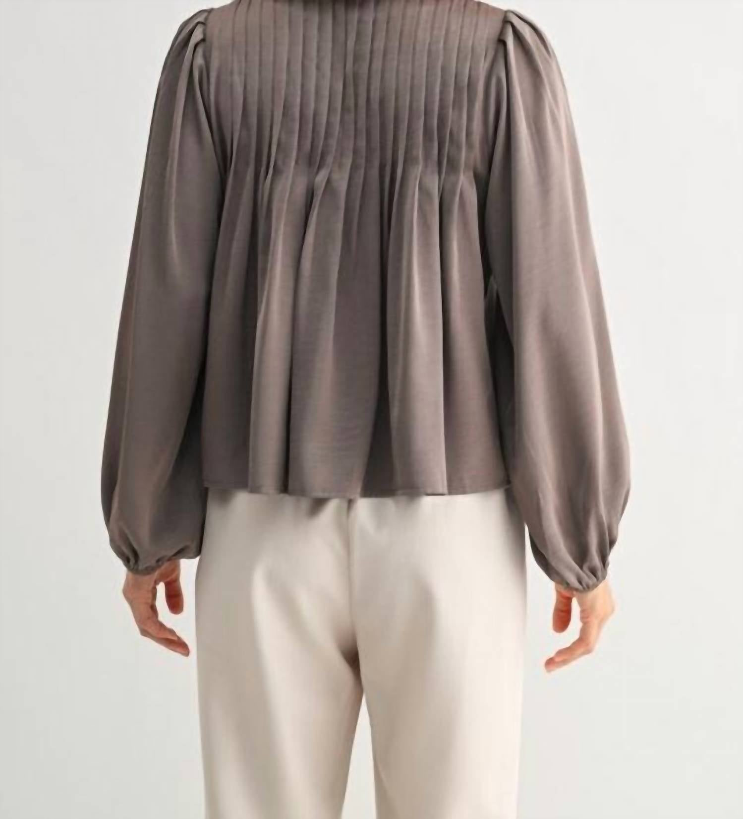 Fun 2 Fun Pin Tuck Front Tie Blouse in dark taupe - women's blouse - alternate view