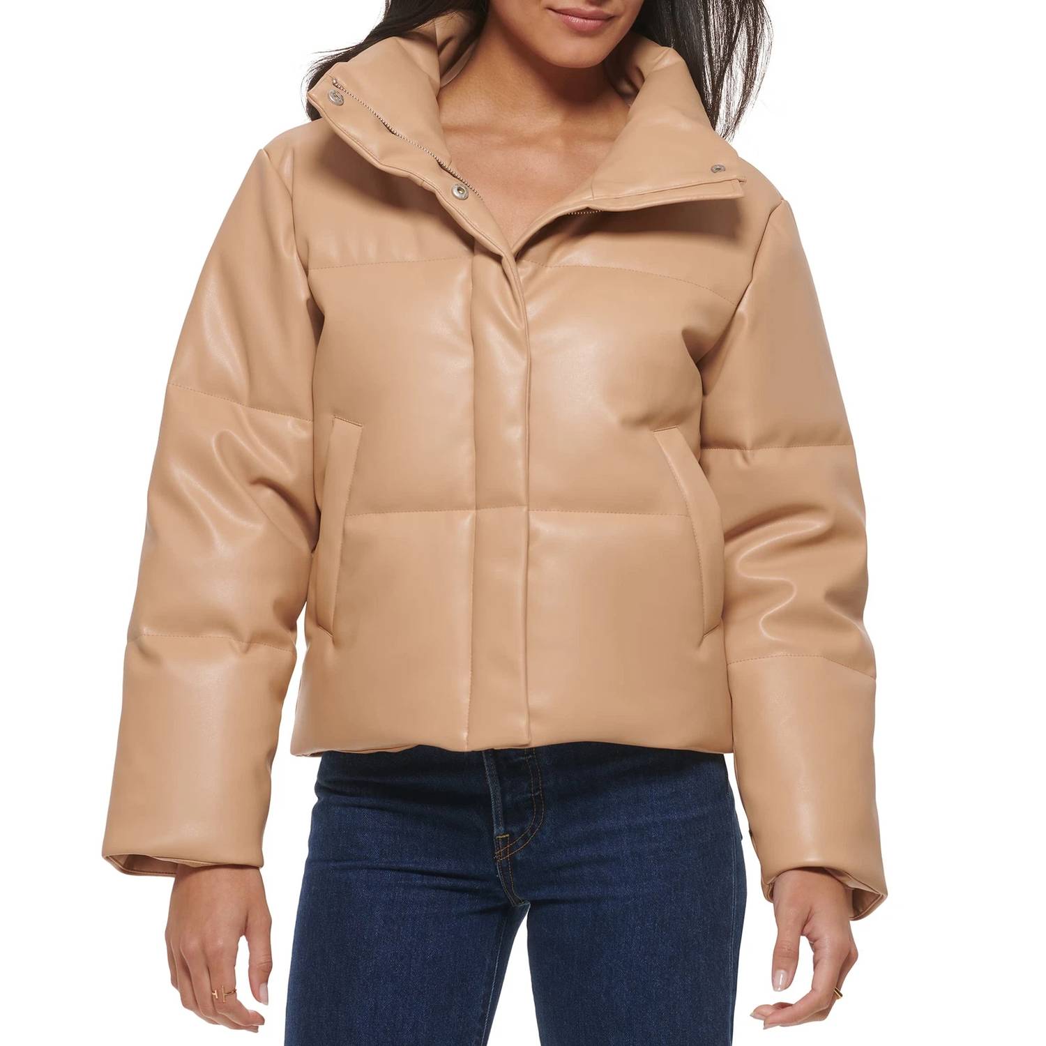 LEVI'S Juniors Faux Leather Bomber Puff Jacket in biscotti - women's jacket