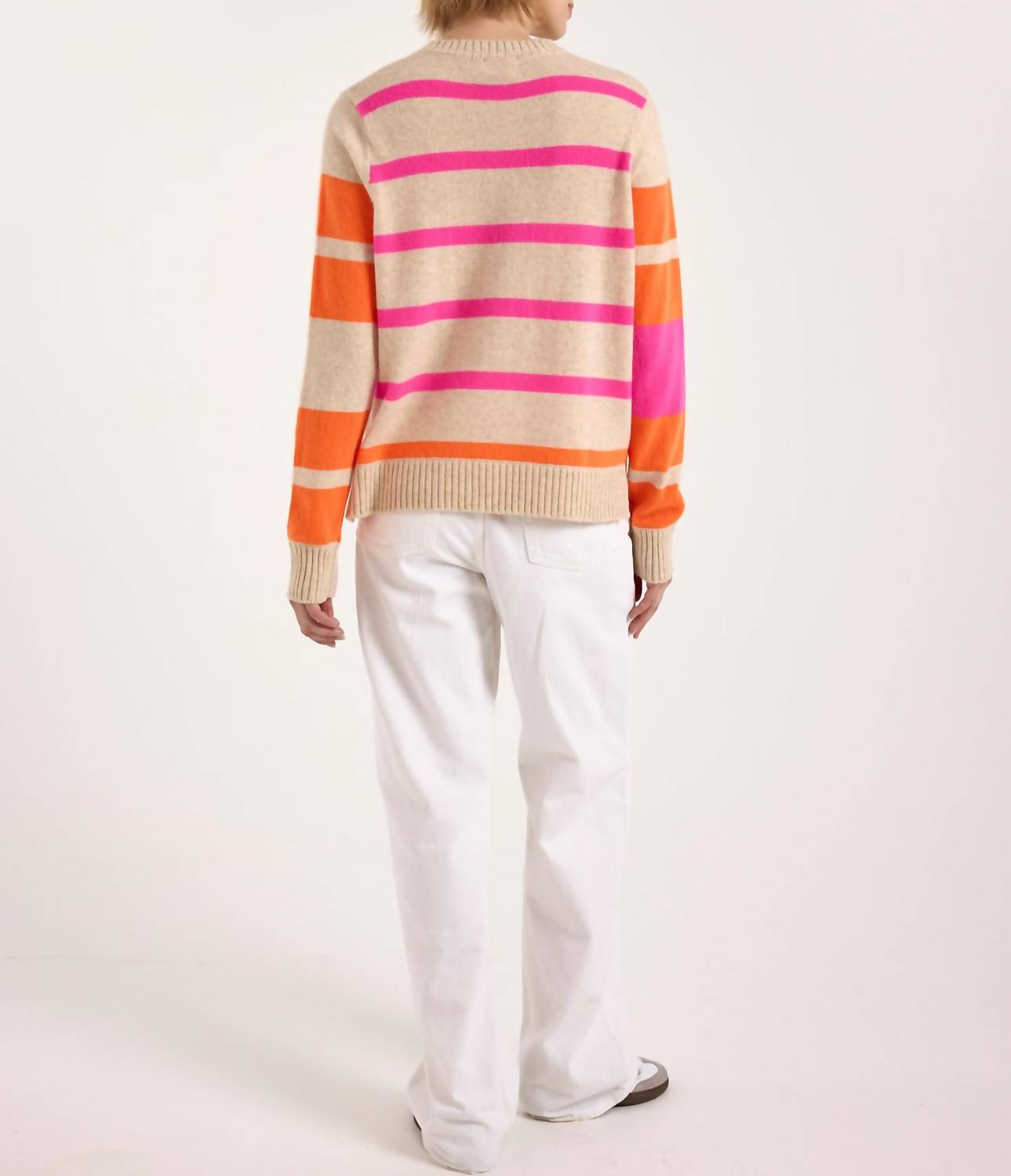 Brodie Cashmere Irregular Stripe Cashmere Crewneck Jumper in cygnet - women's sweater - alternate view