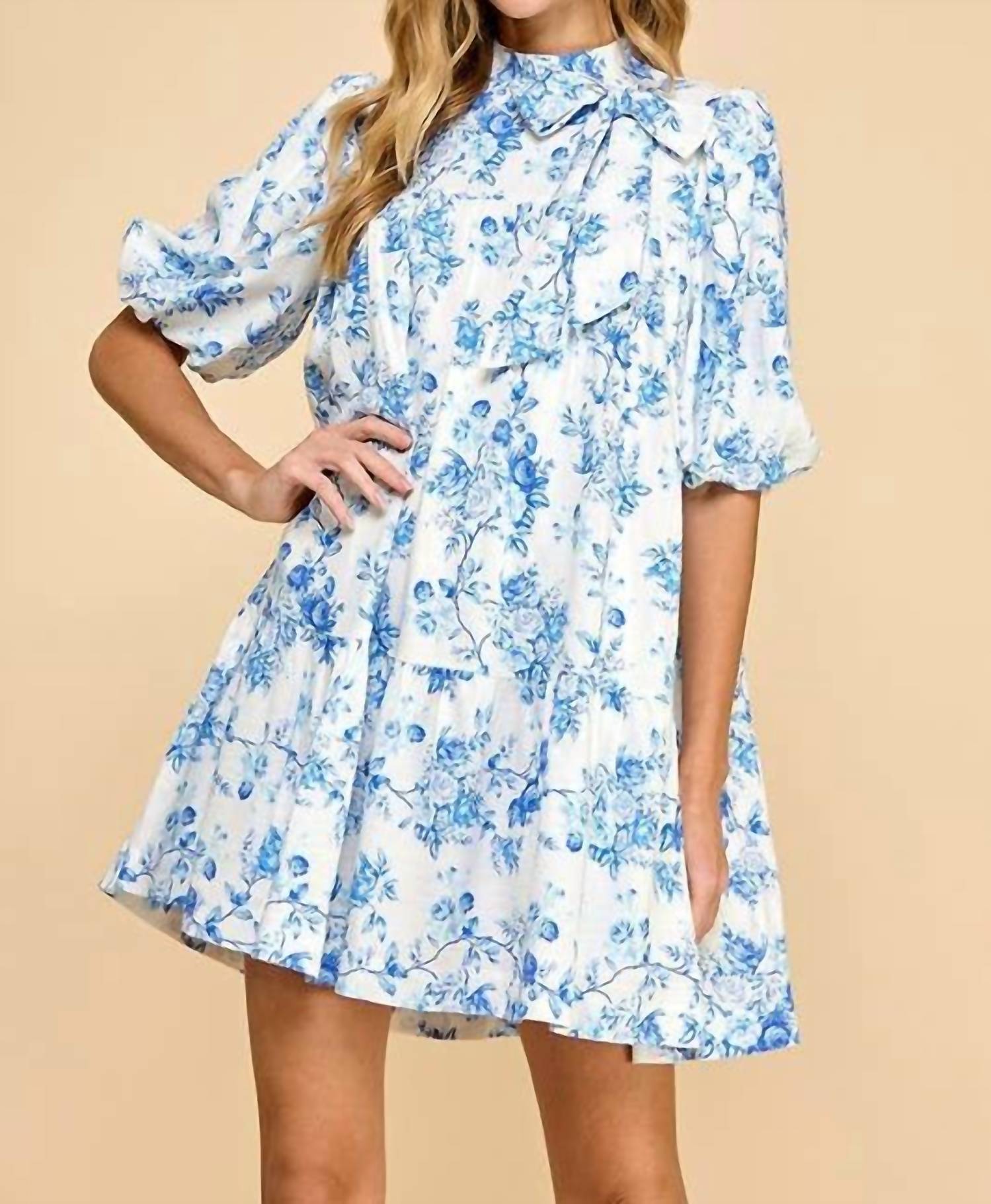 Tcec - Floral Print Puffed Sleeves Accent Bow Mini Dress