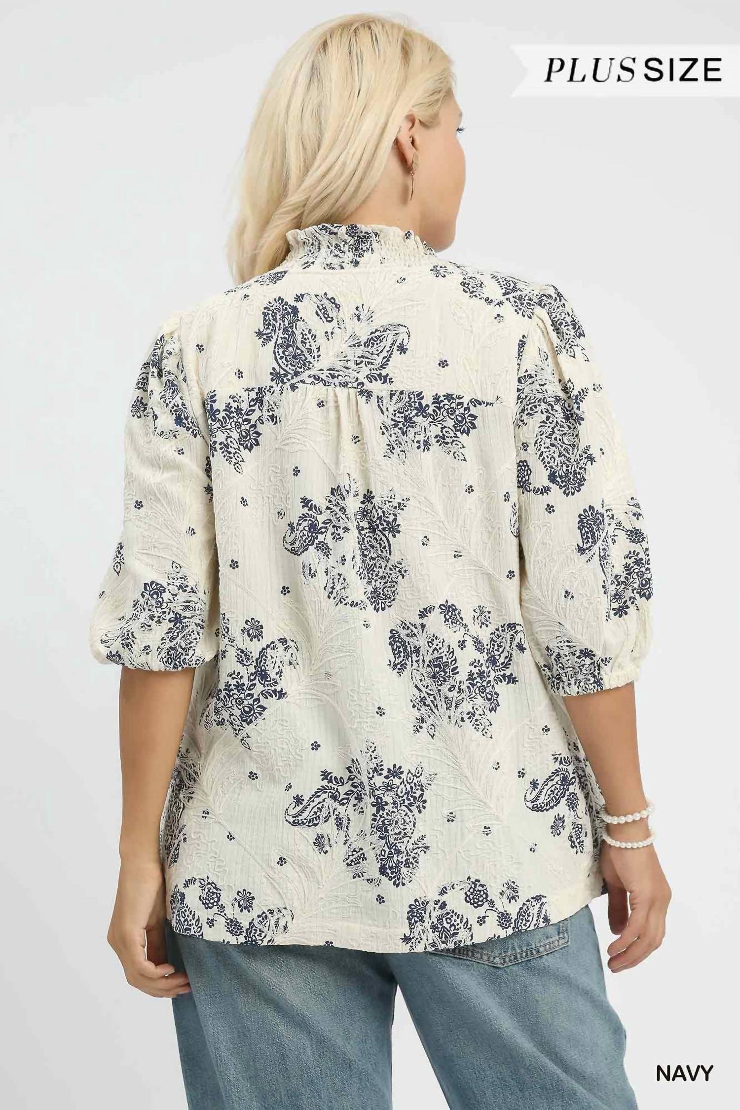 Umgee - Floral Embroidered Blouse With Ruffle Trim