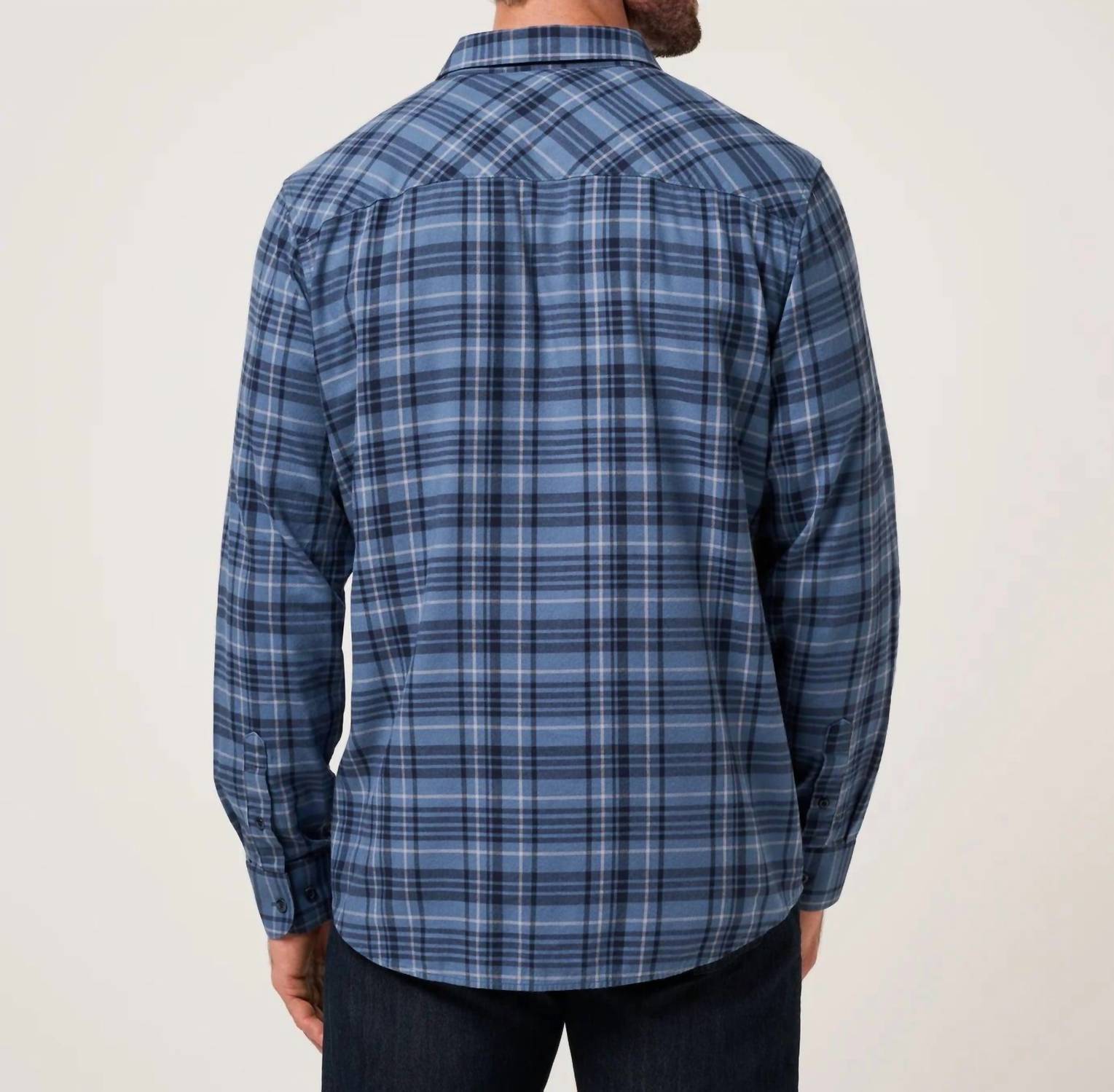 TravisMathew Cloud Flannel Plaid Shirt in bering sea sleet - men's shirt - detail view