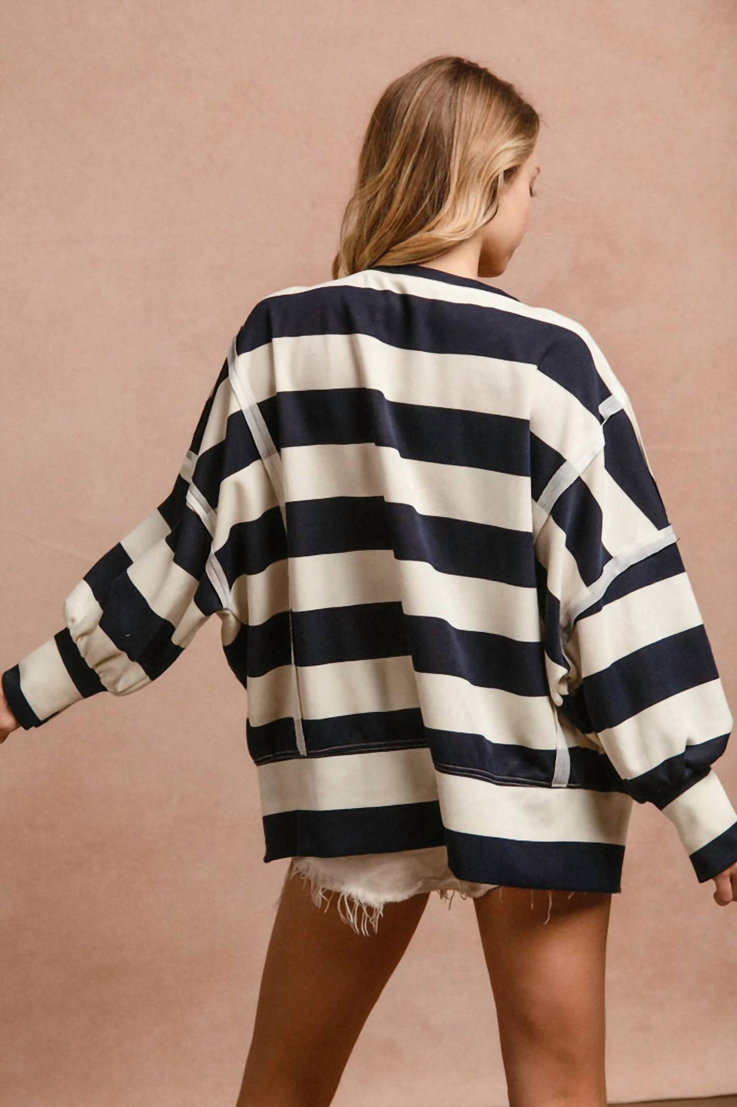 BiBi Love Letter Stripe Top in navy white - women's top - detail view